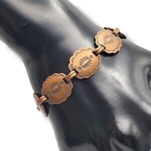 Vintage Copper Concho Link Bracelet Southwest Stamped Metal Boho Western